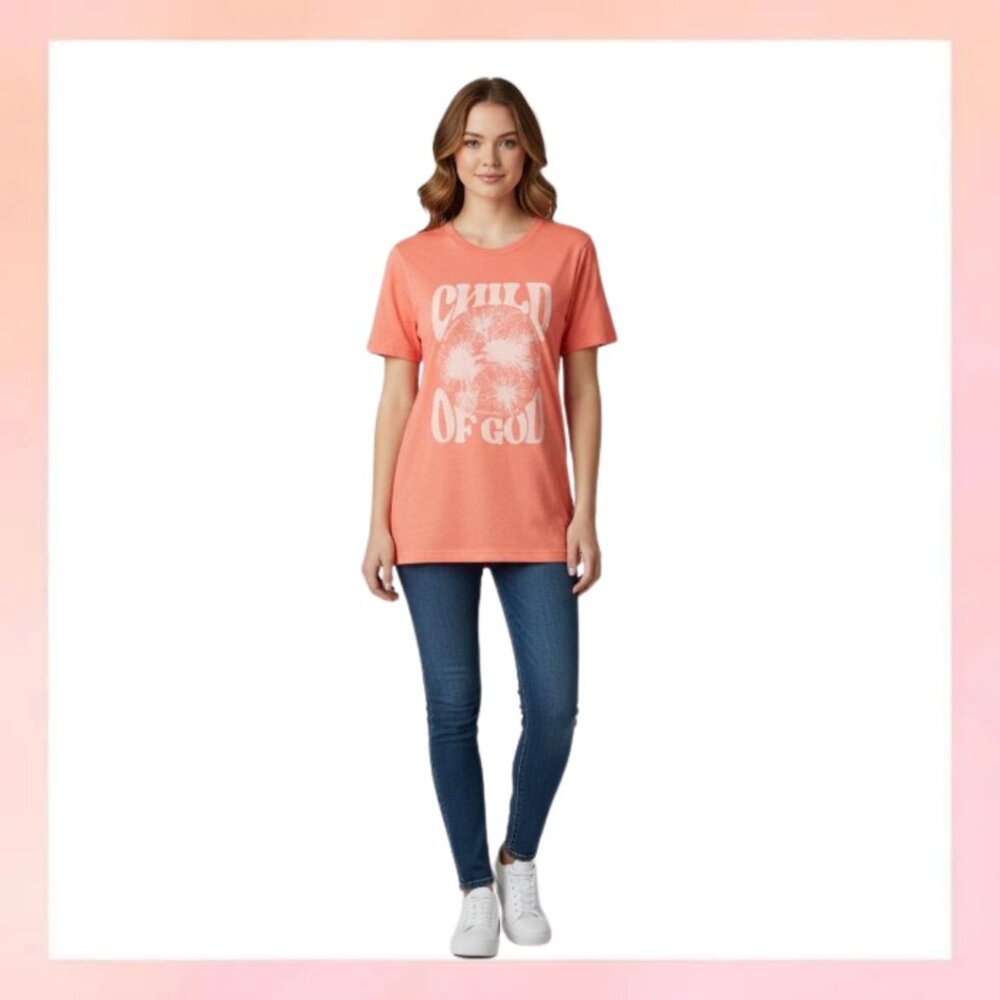 Child of God Graphic Tee Bright Coral Orange Faith Christian Shirt New